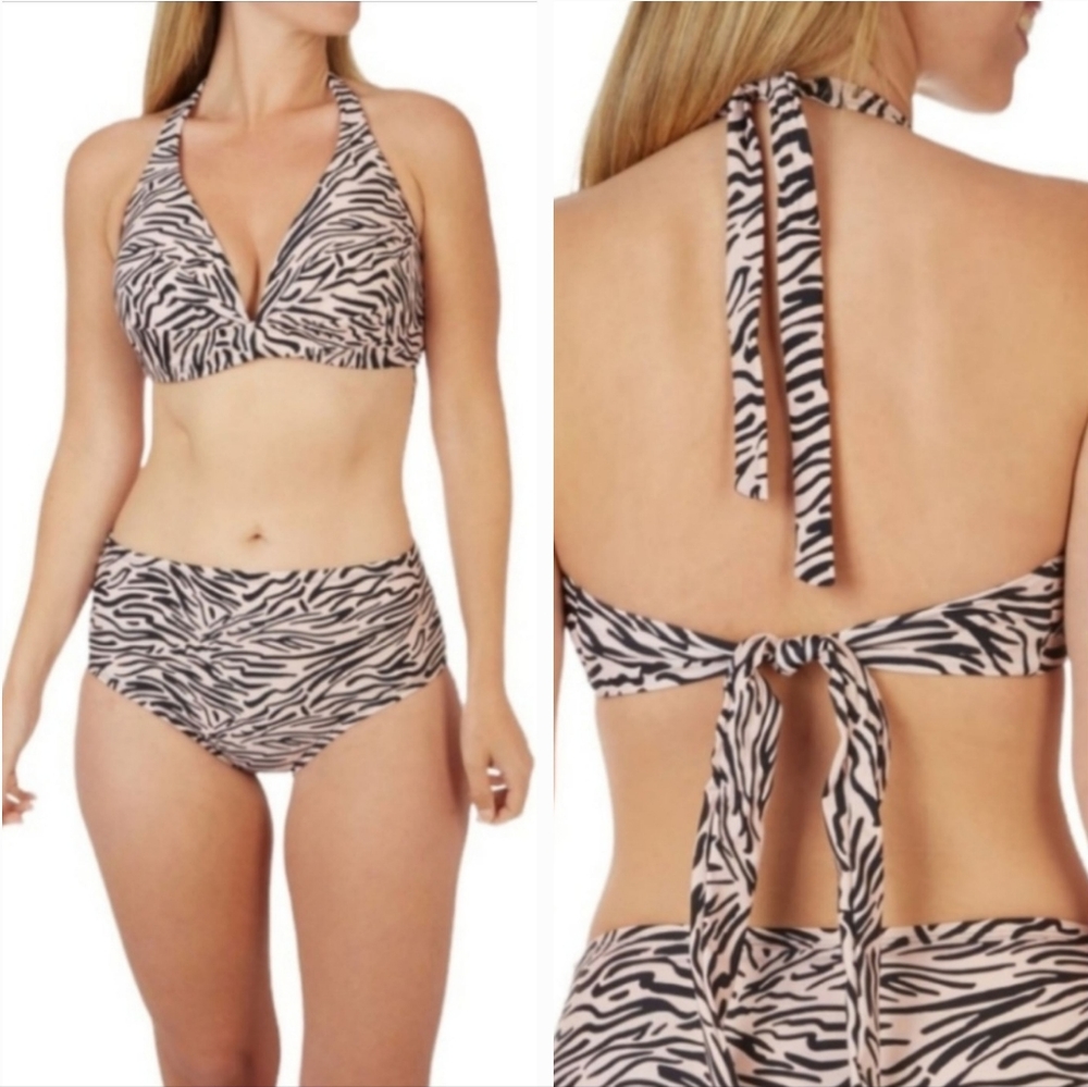 Aqua Couture Zebra Print Push-Up Halter Bikini Set High-Waisted | NWT | M